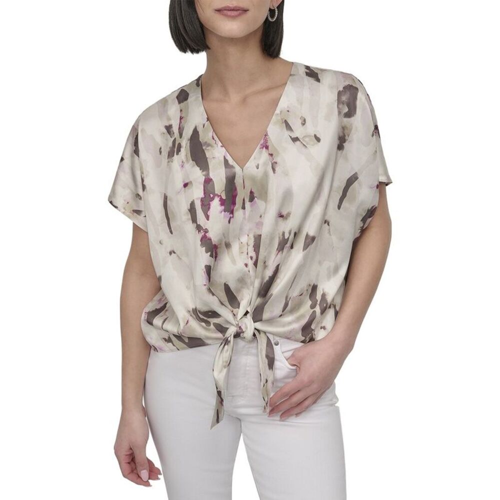 Dkny Womens Tie-Front Scarf Twill Top, White